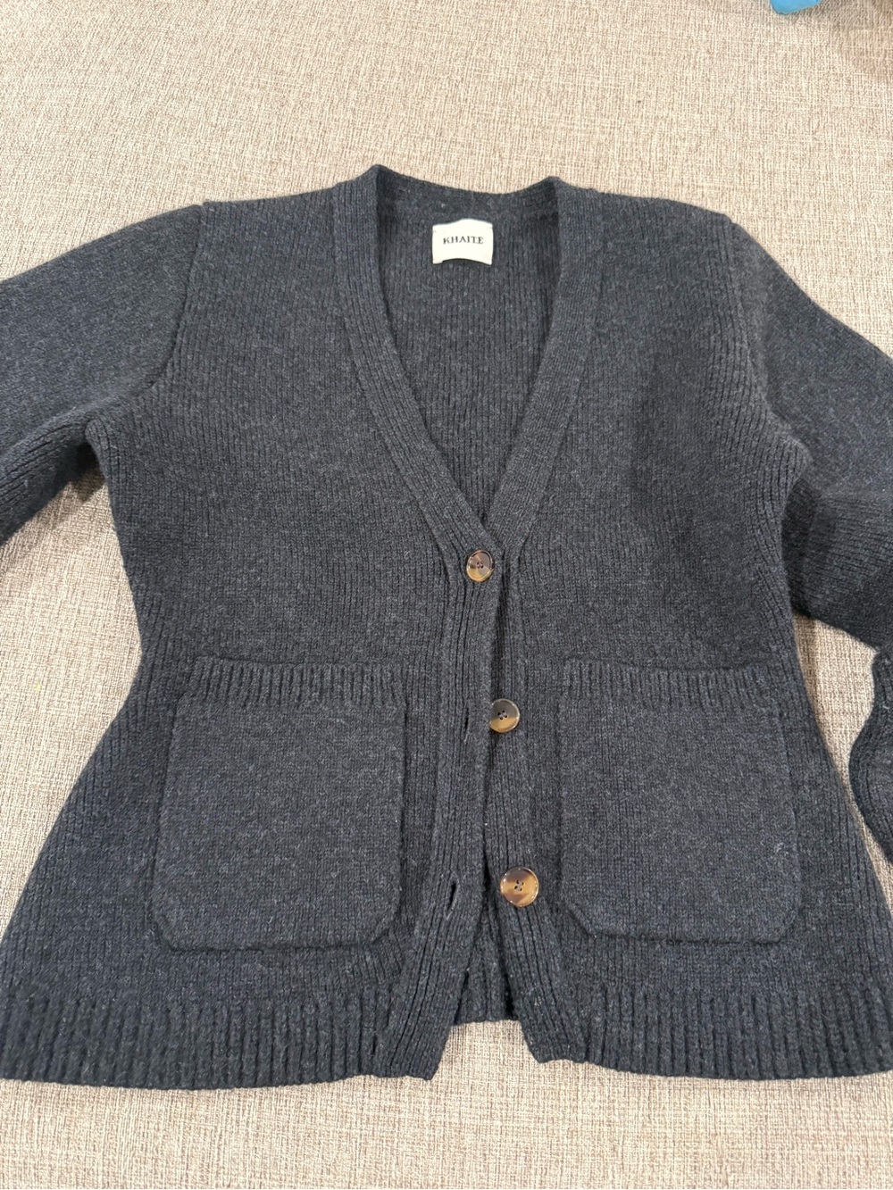 KHAITE Charcoal Gray V-Neck Button Pocket Cardigan